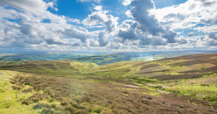 Sweeping views of wild moorland and big blue skies in North Pennines and County Durham.